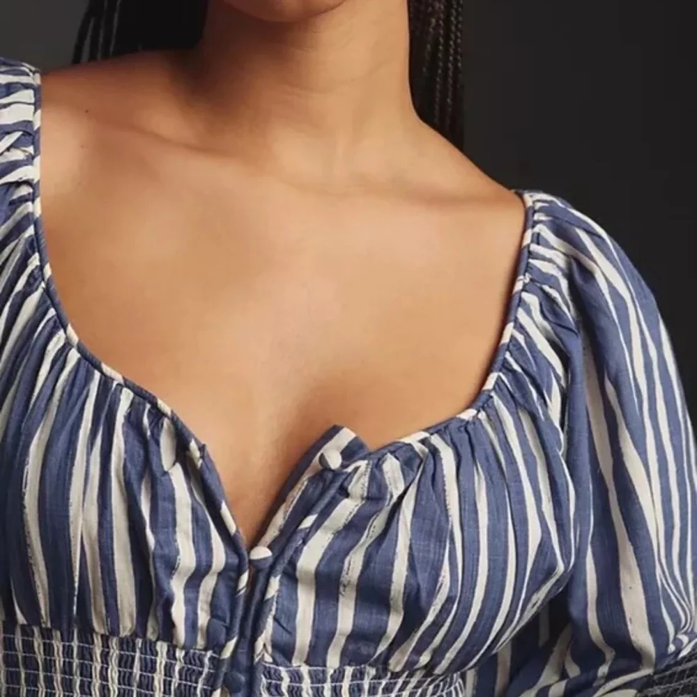 Anthropologie Long Sleeve Sweetheart Maxi Midi Dress Blue Motif - Picture 5 of 9